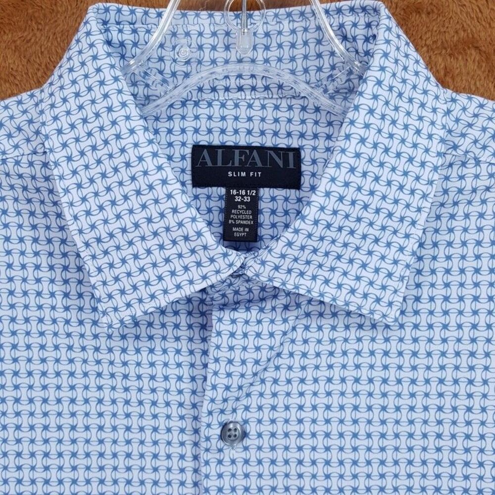 ALFANI Dress Shirt Mens Size 16 16.5 32 33 Blue Neat Geo Slim Fit Stretch